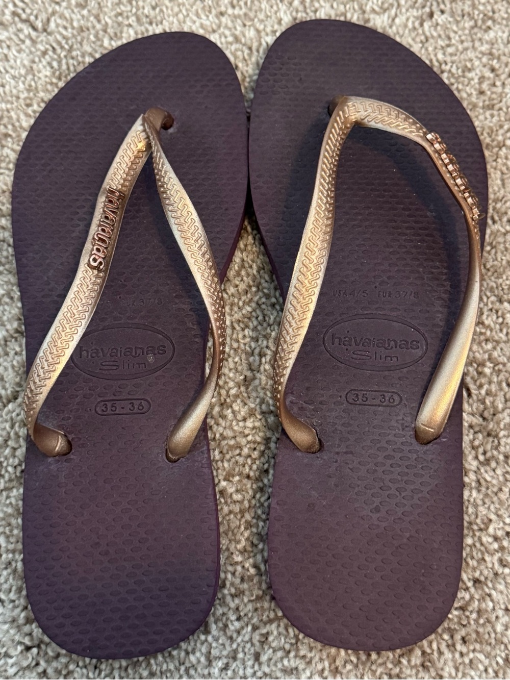 Havaianas Slim Women's Flip Flops in Purple with Gold Straps